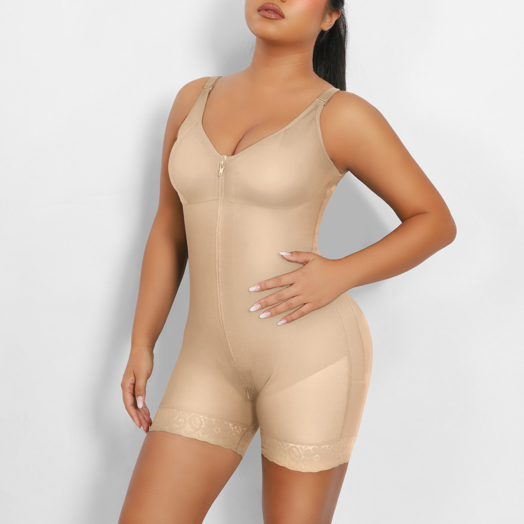 QOU Fajas shapewear Tummy Control Butt Lifting Shaper with Zipper Crotch and Adjustable Straps