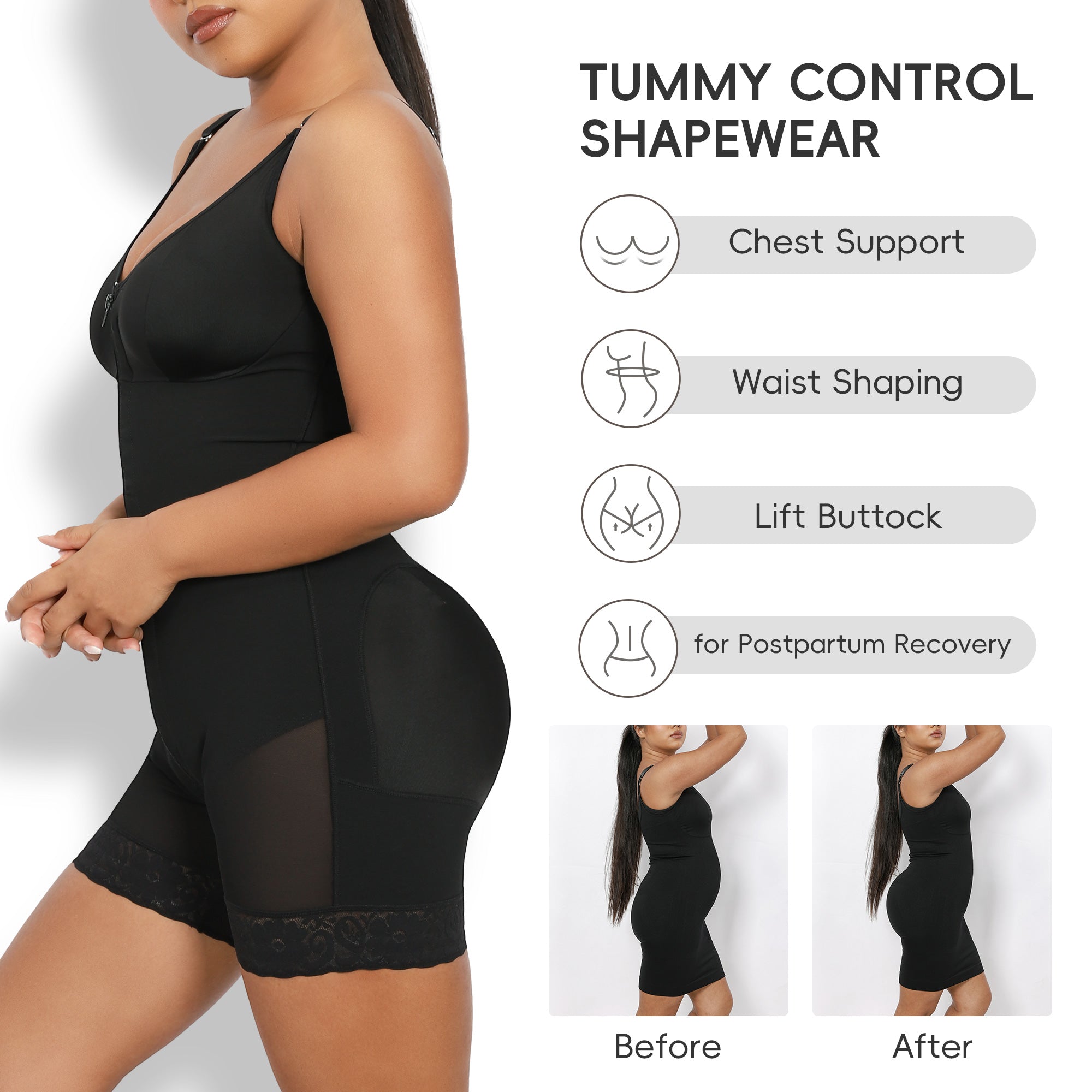 QOU Fajas shapewear Tummy Control Butt Lifting Shaper with Zipper Crotch and Adjustable Straps