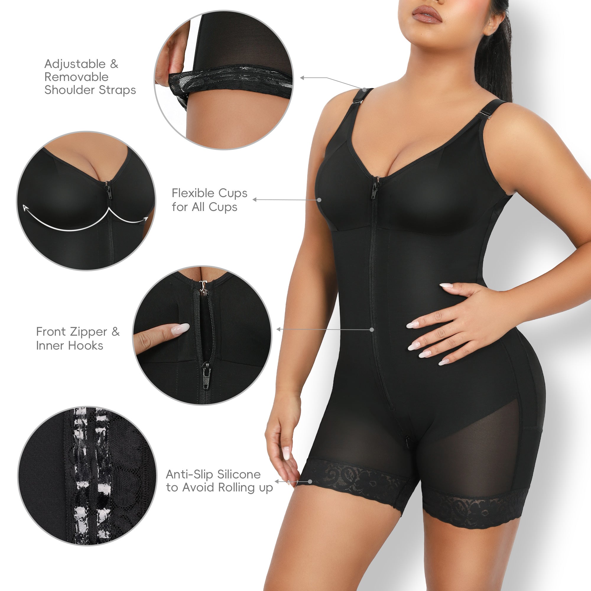 QOU Fajas shapewear Tummy Control Butt Lifting Shaper with Zipper Crotch and Adjustable Straps