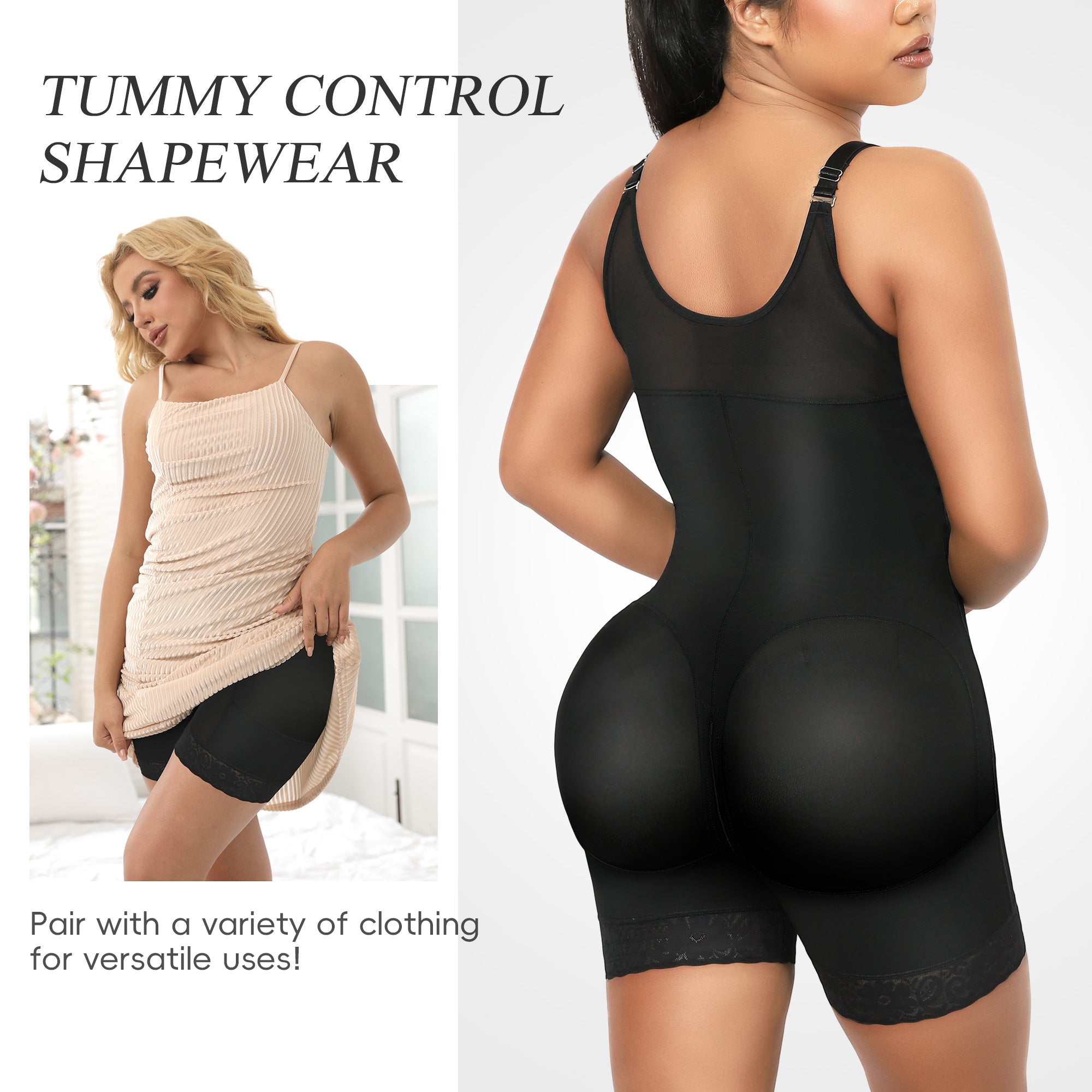 QOU Fajas shapewear Tummy Control Butt Lifting Shaper with Zipper Crotch and Adjustable Straps