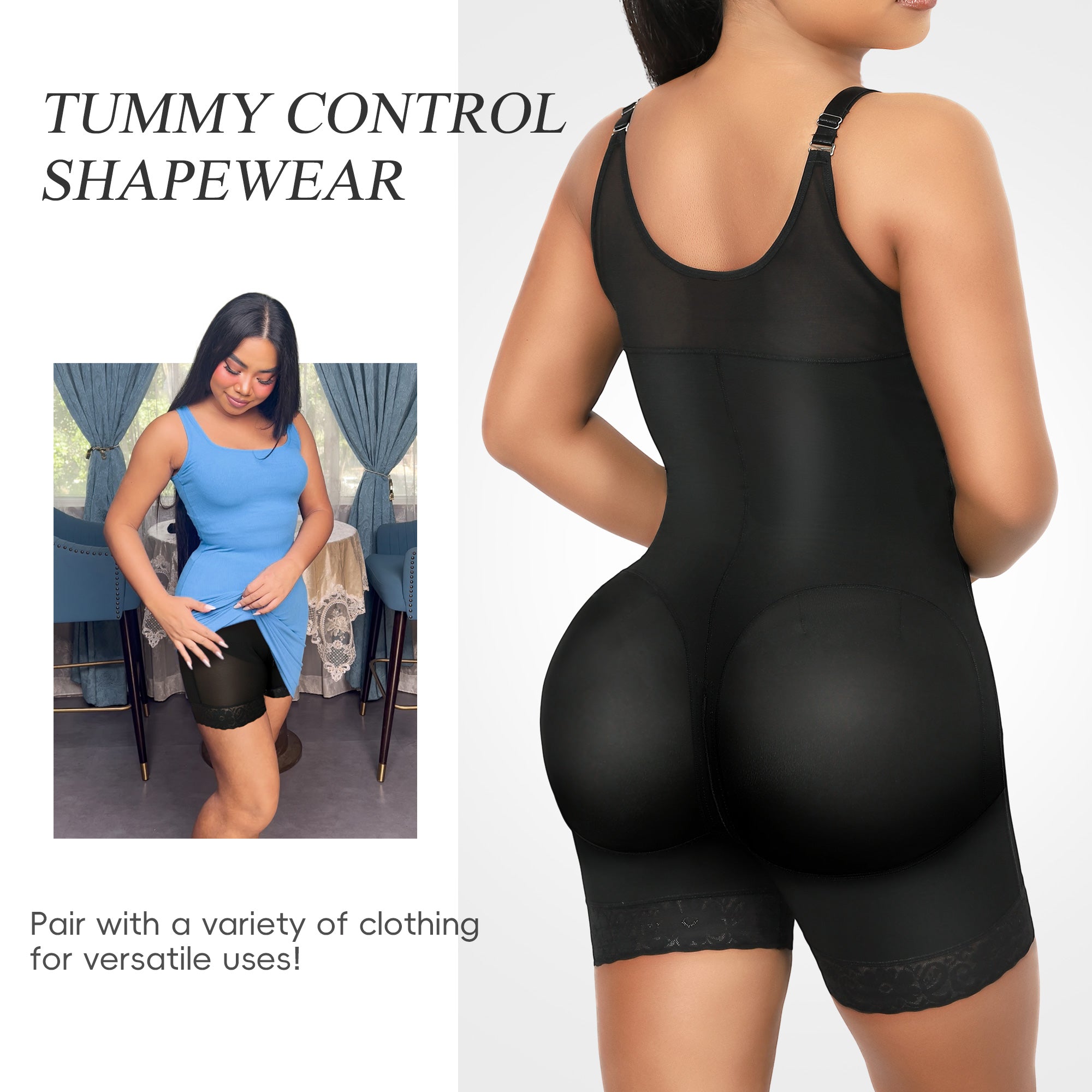 QOU Fajas shapewear Tummy Control Butt Lifting Shaper with Zipper Crotch and Adjustable Straps