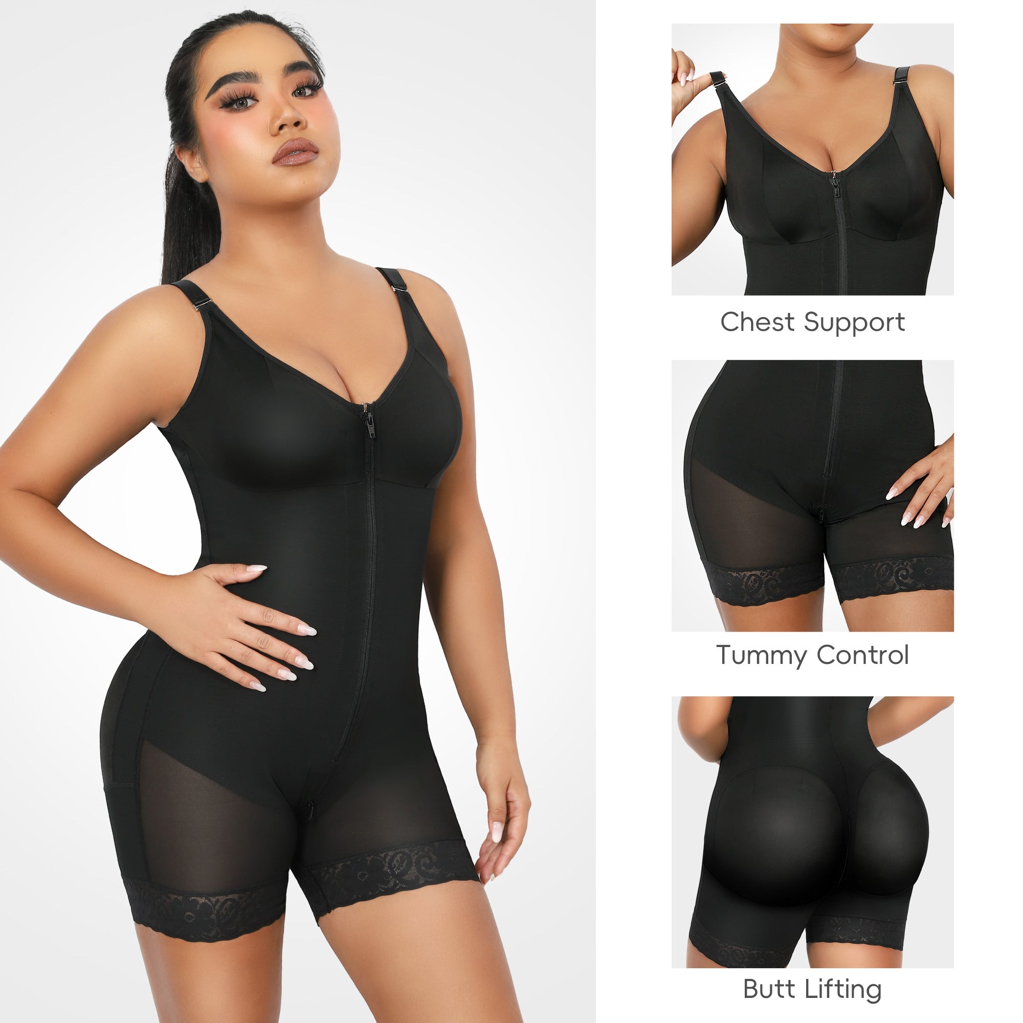 QOU Fajas shapewear Tummy Control Butt Lifting Shaper with Zipper Crotch and Adjustable Straps