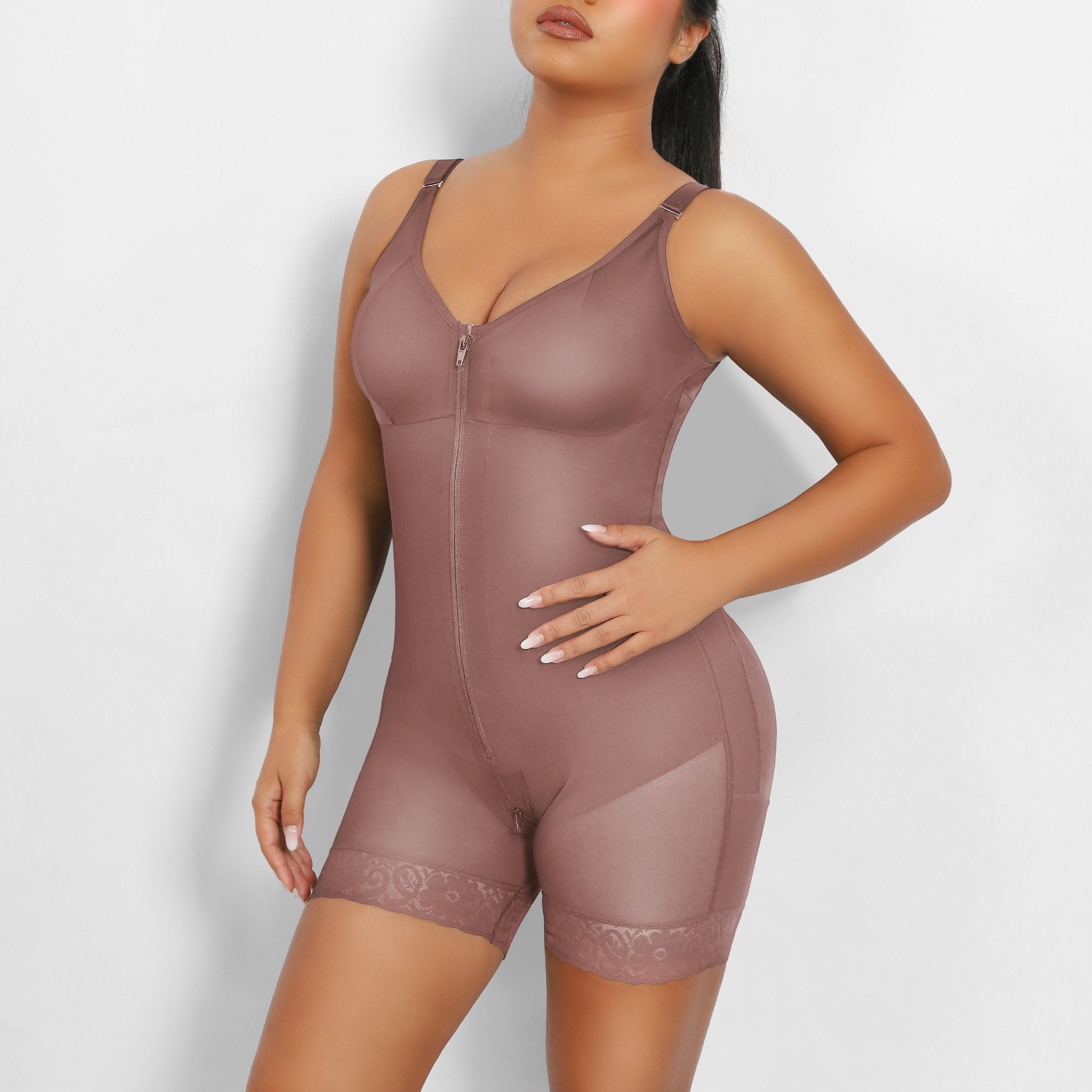 QOU Fajas shapewear Tummy Control Butt Lifting Shaper with Zipper Crotch and Adjustable Straps