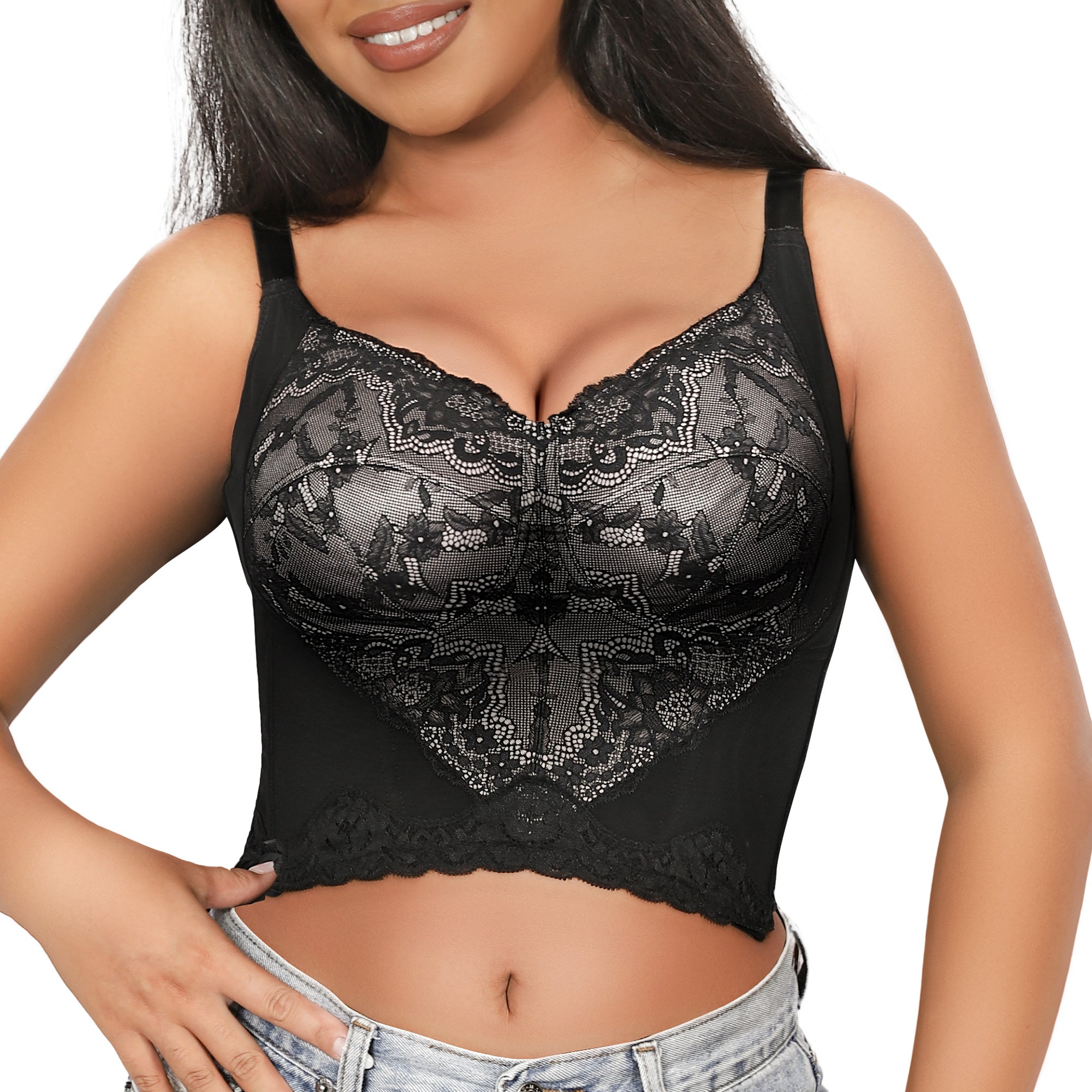 QOU Women's Black Lace Corset Bra