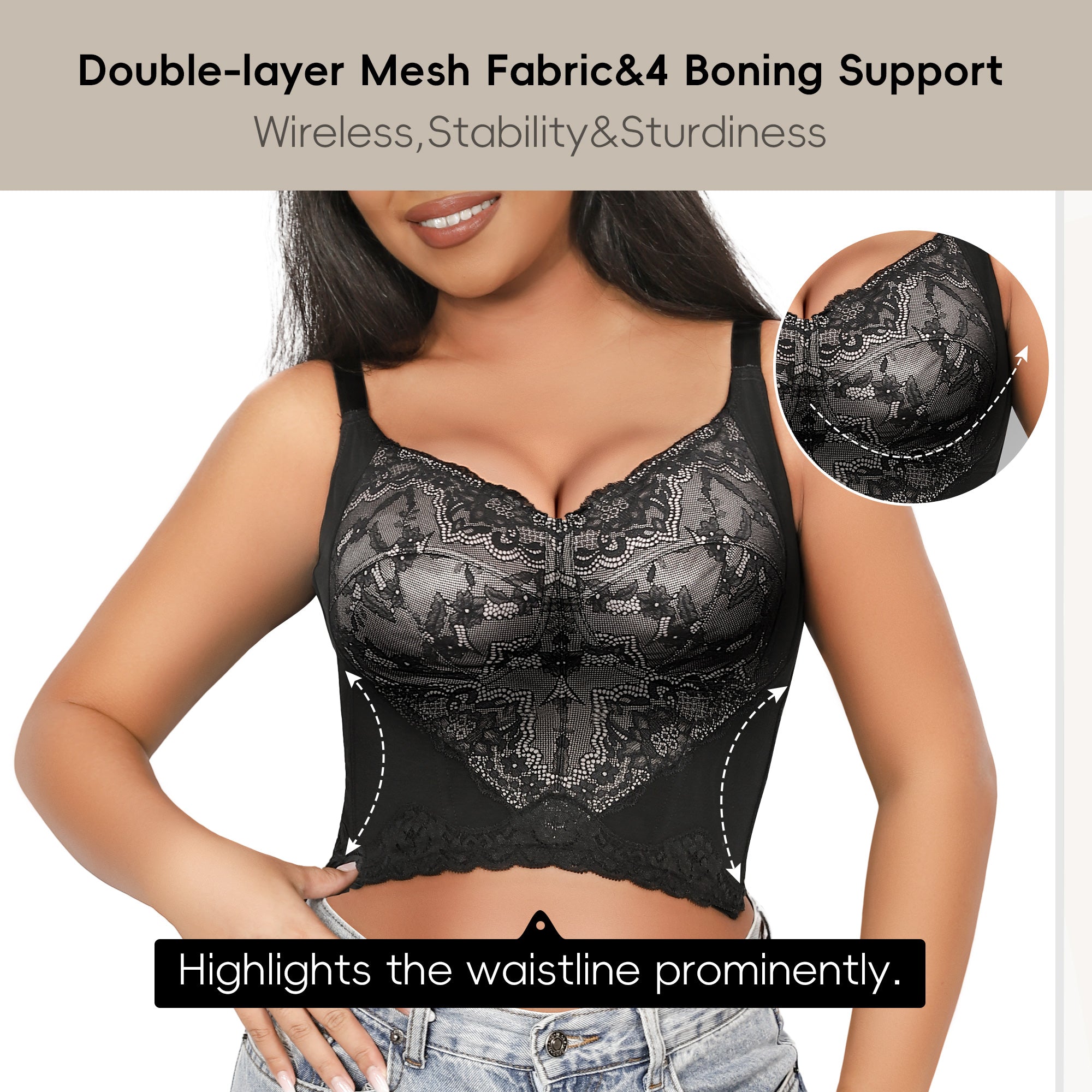 QOU Women's Black Lace Corset Bra