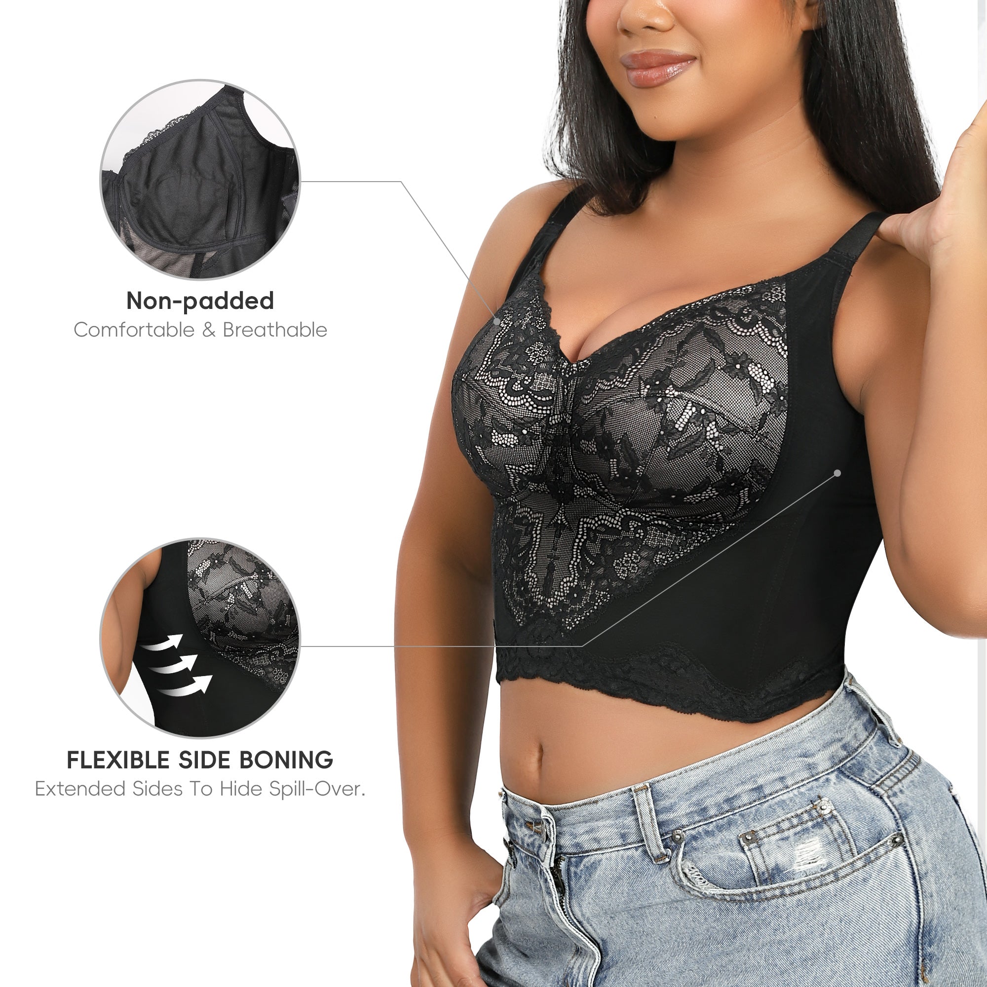 QOU Women's Black Lace Corset Bra