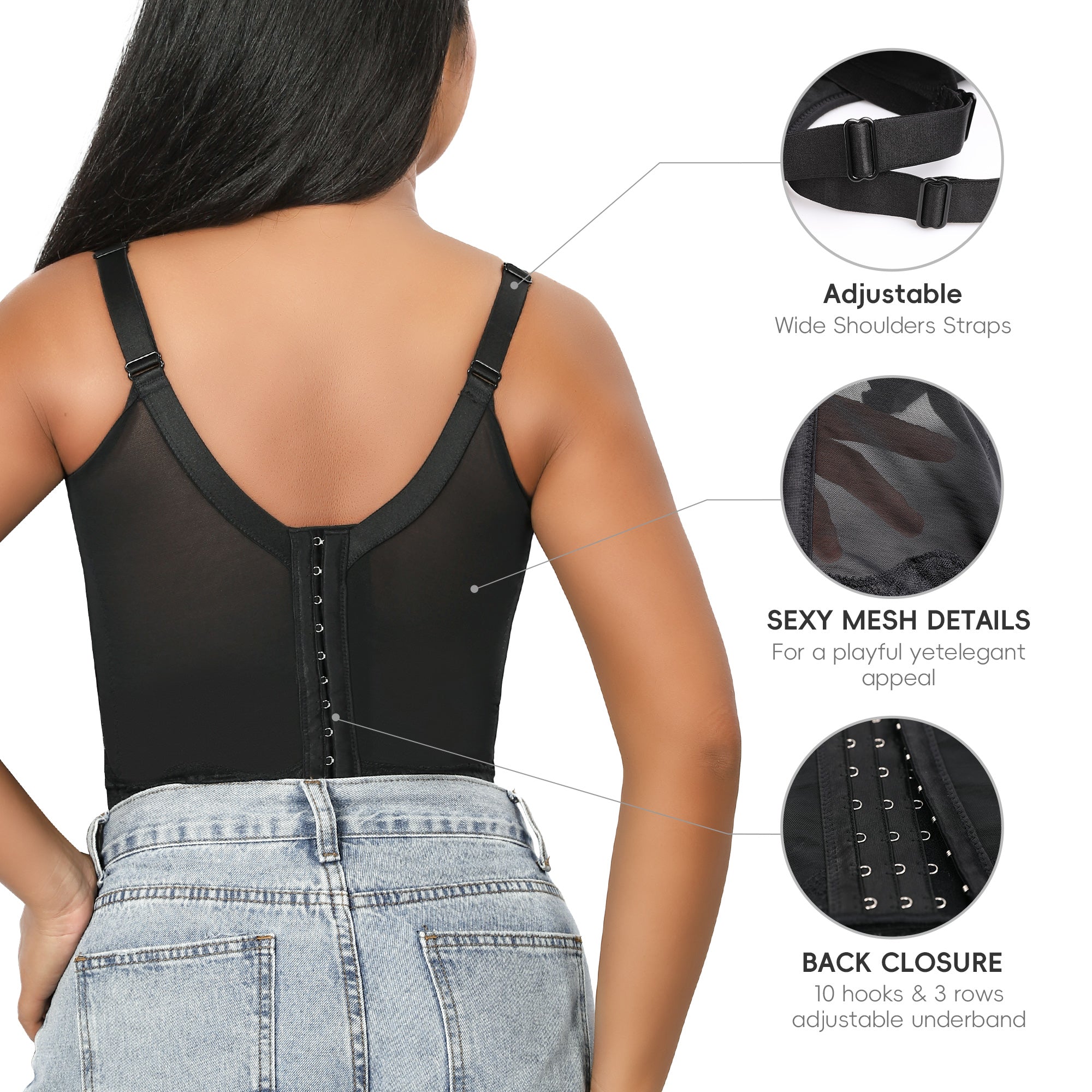 QOU Women's Black Lace Corset Bra