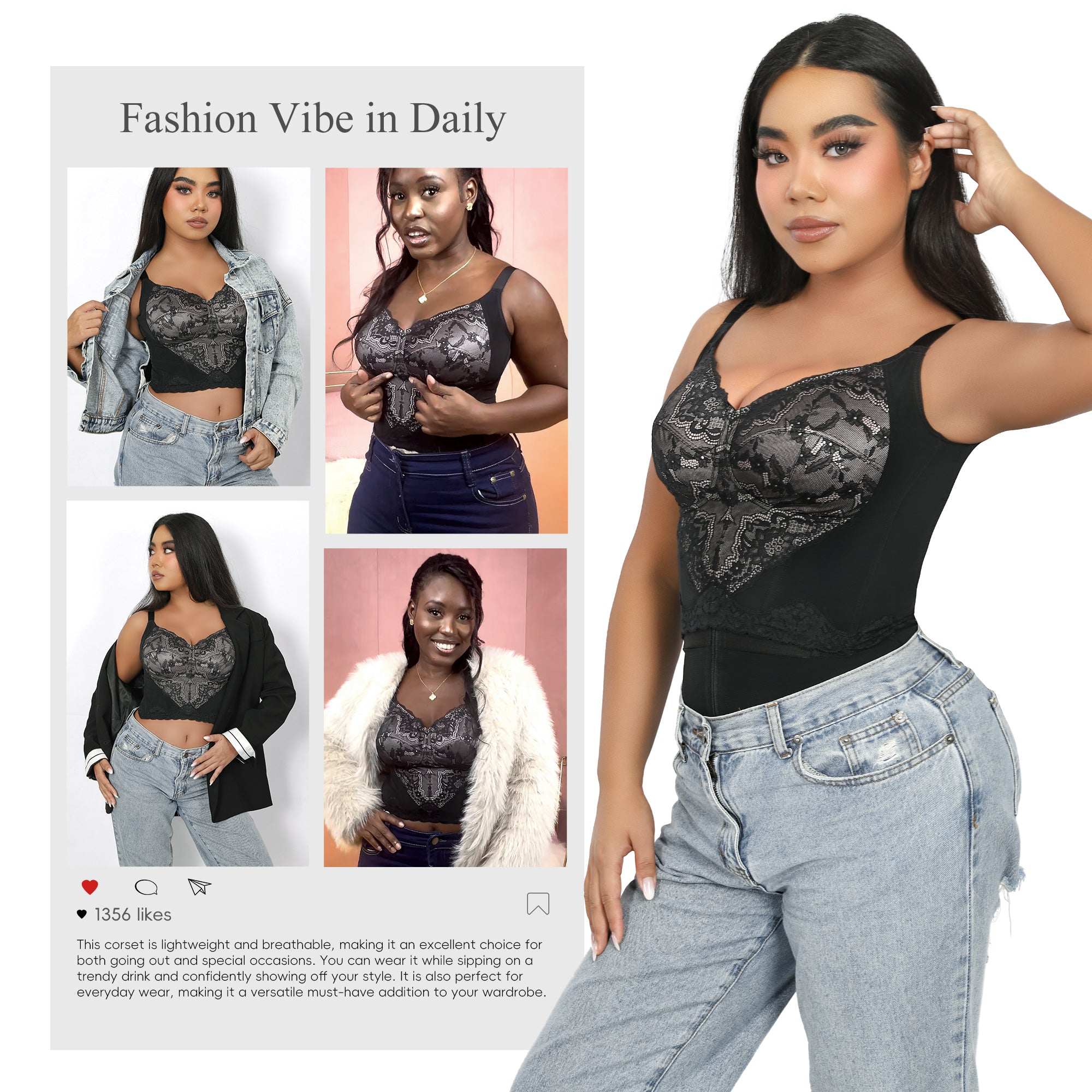 QOU Women's Black Lace Corset Bra