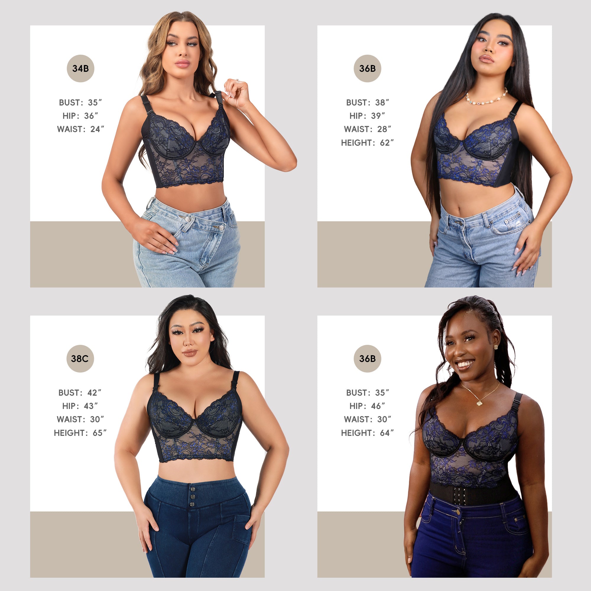 QOU Women's Push-Up Longline Lace Bra