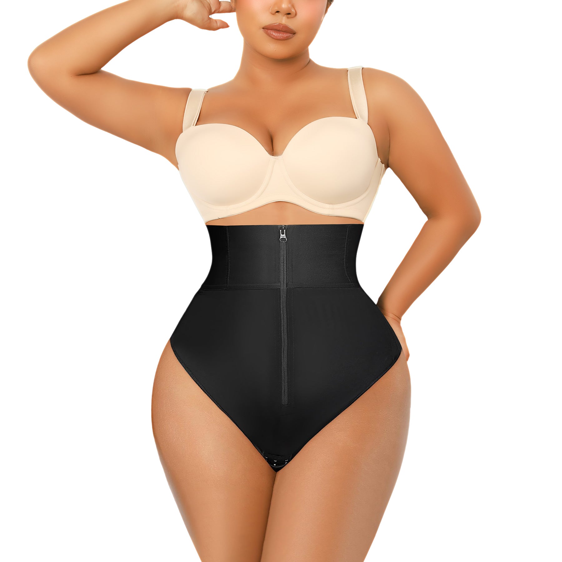 QOU high waisted tummy control thong with adjustable hooks and zipper