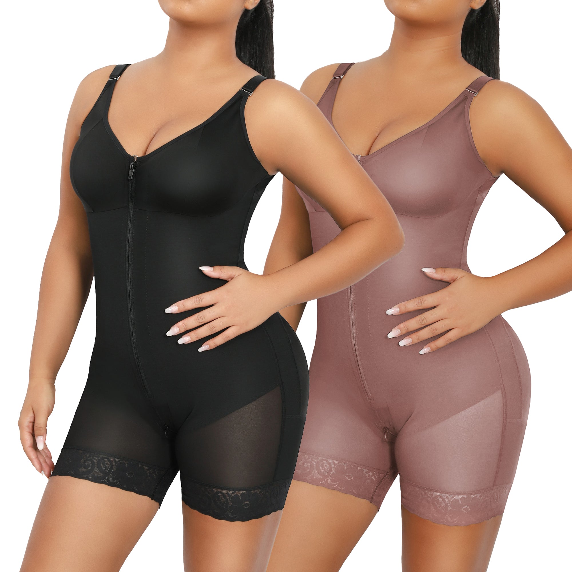 QOU Fajas shapewear Tummy Control Butt Lifting Shaper with Zipper Crotch and Adjustable Straps